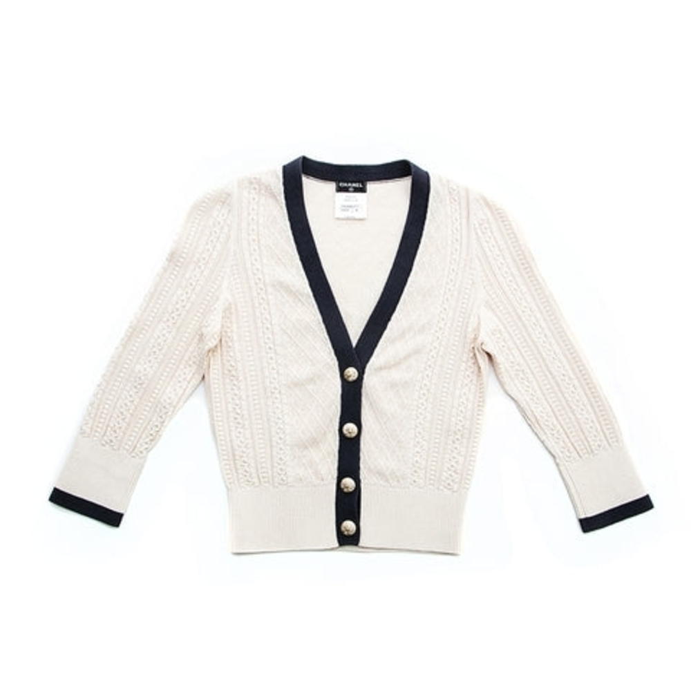 CHANEL Cream Cardigan with Navy Trim 36